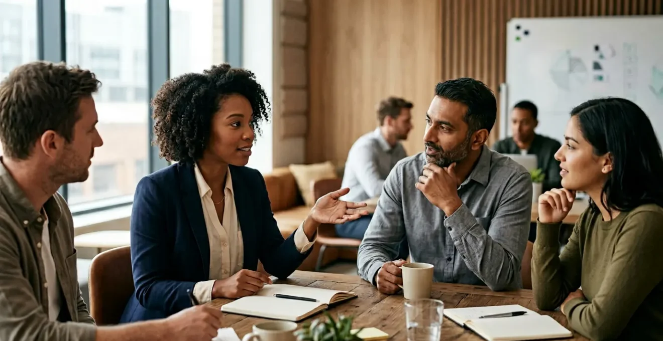 Professional team collaboration meeting with diverse individuals analyzing behavioral patterns for improved performance outcomes
