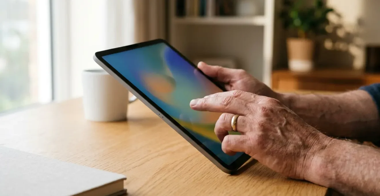 Close-up view of hands navigating a clean, minimalist digital interface with natural lighting and tactile elements