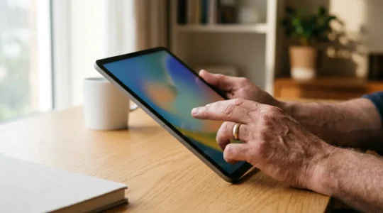 Close-up view of hands navigating a clean, minimalist digital interface with natural lighting and tactile elements