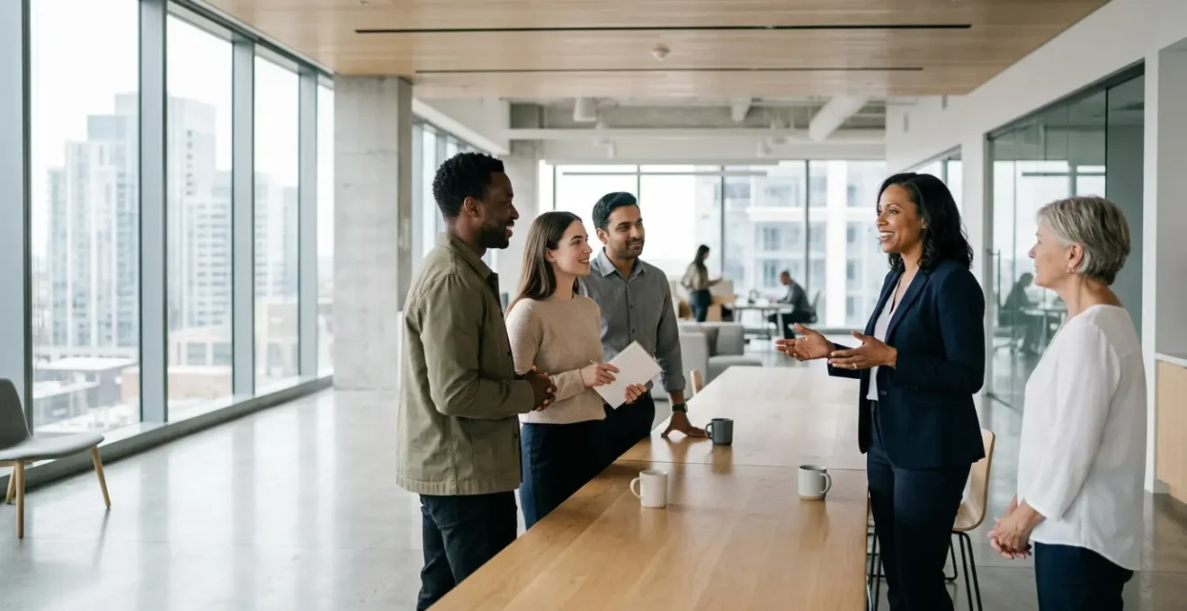Professional leader communicating with diverse team members through multiple channels in modern workplace environment