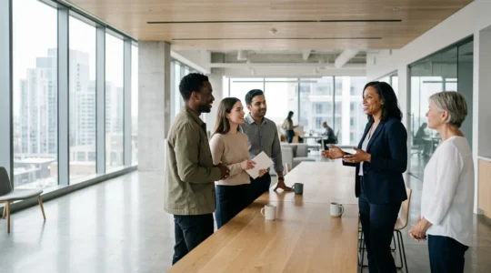 Professional leader communicating with diverse team members through multiple channels in modern workplace environment