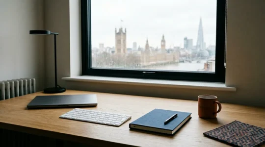 Professional workspace showing SEO strategy elements with British context