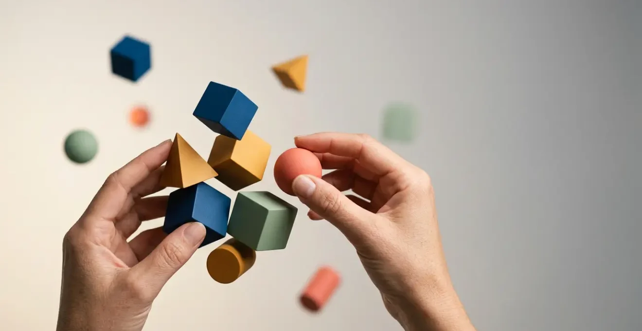 Abstract conceptual photograph showing hands arranging colorful geometric shapes in mid-air against a clean minimalist background, representing the transformation of complex ideas into simple visual narratives