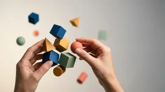 Abstract conceptual photograph showing hands arranging colorful geometric shapes in mid-air against a clean minimalist background, representing the transformation of complex ideas into simple visual narratives
