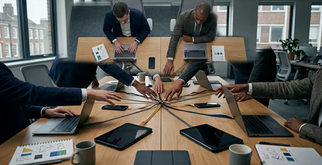 UK business professional coordinating multiple digital channels on connected devices