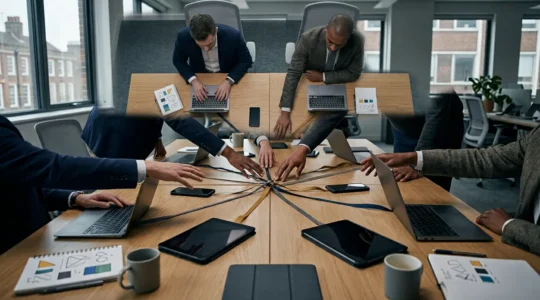 UK business professional coordinating multiple digital channels on connected devices