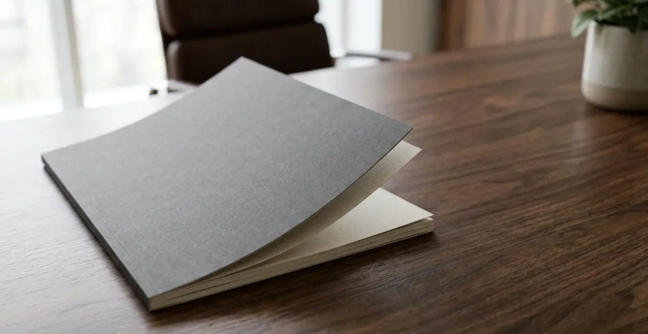 Premium print publication resting on executive desk with natural morning light creating sophisticated depth and texture