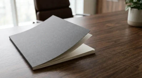 Premium print publication resting on executive desk with natural morning light creating sophisticated depth and texture