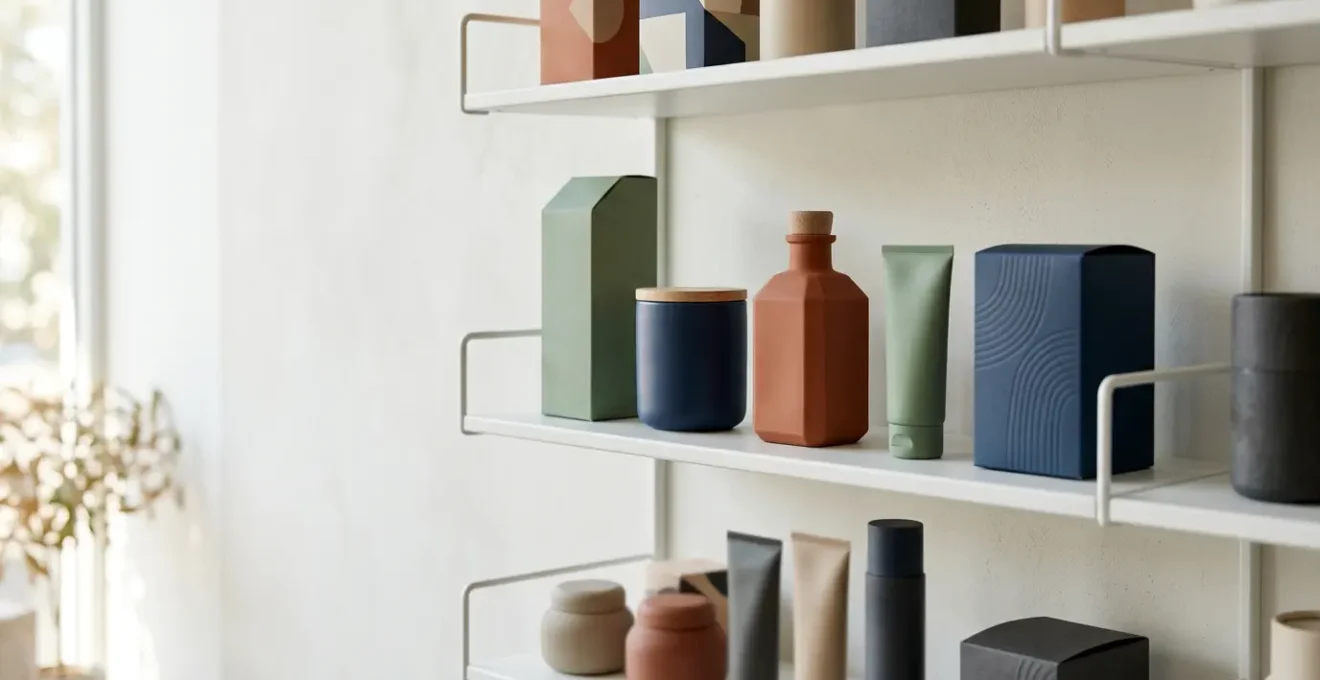 Professional product packaging display showcasing distinctive shapes and premium materials on retail shelf environment