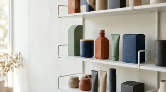 Professional product packaging display showcasing distinctive shapes and premium materials on retail shelf environment