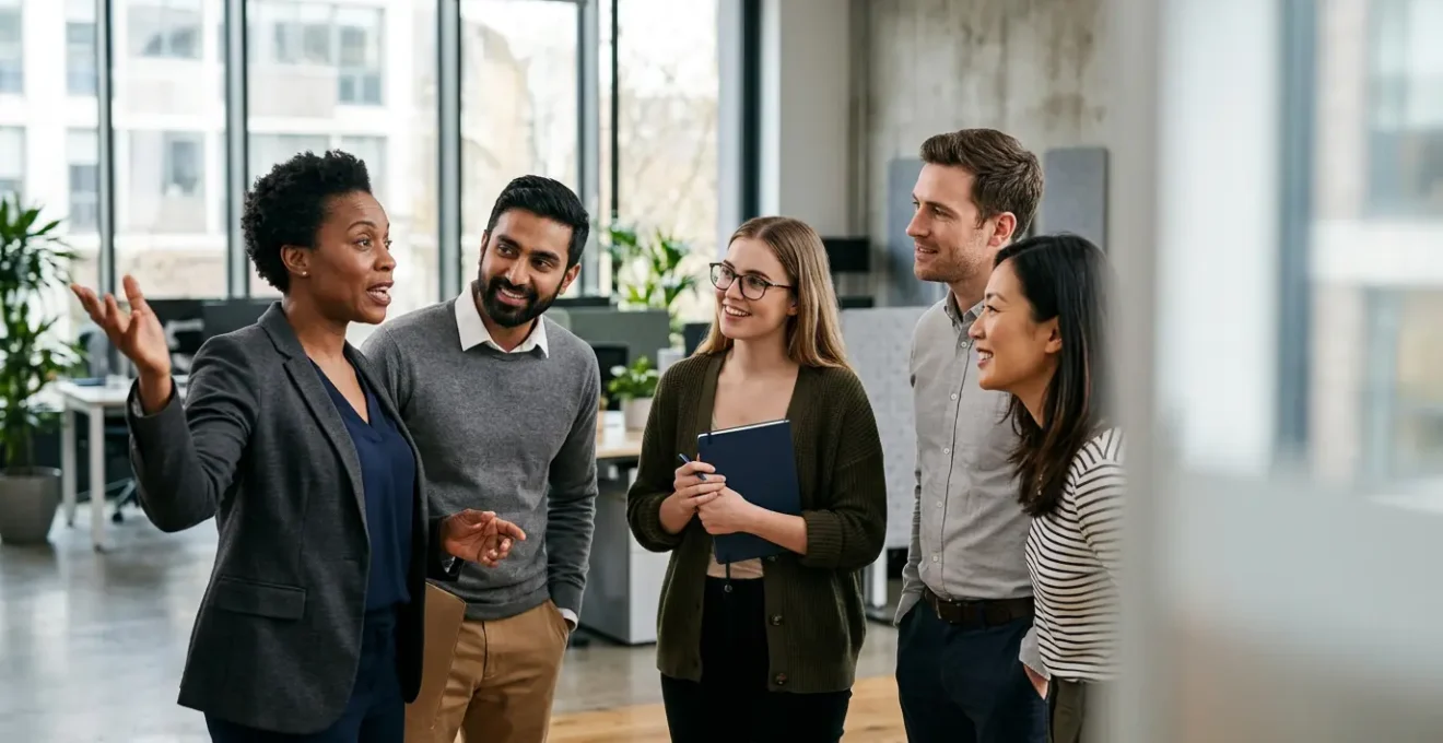 Professional team briefing session with diverse colleagues engaged in focused discussion around project priorities
