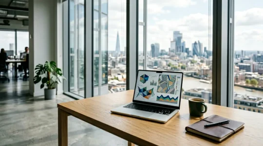 Business professional analyzing real-time marketing analytics dashboard showing actionable KPI data and UK sales performance metrics