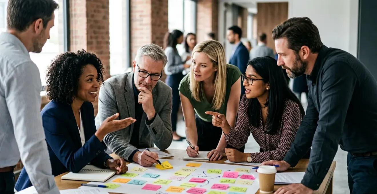 Dynamic UK corporate event scene showing diverse professionals collaboratively engaging in interactive workshop activities