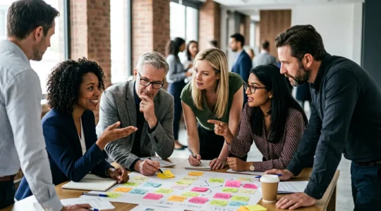 Dynamic UK corporate event scene showing diverse professionals collaboratively engaging in interactive workshop activities