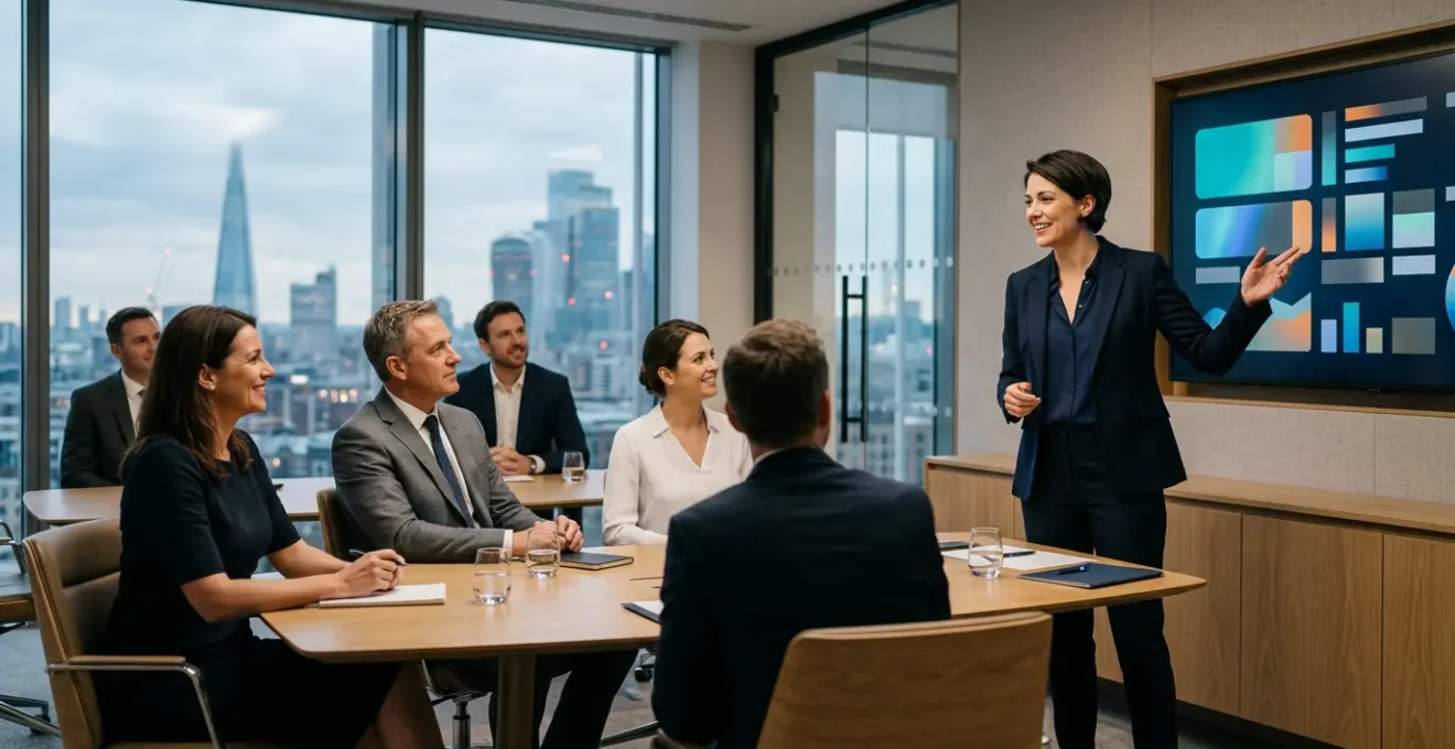 Professional executive presenting digital marketing ROI analytics to UK board members in modern corporate boardroom