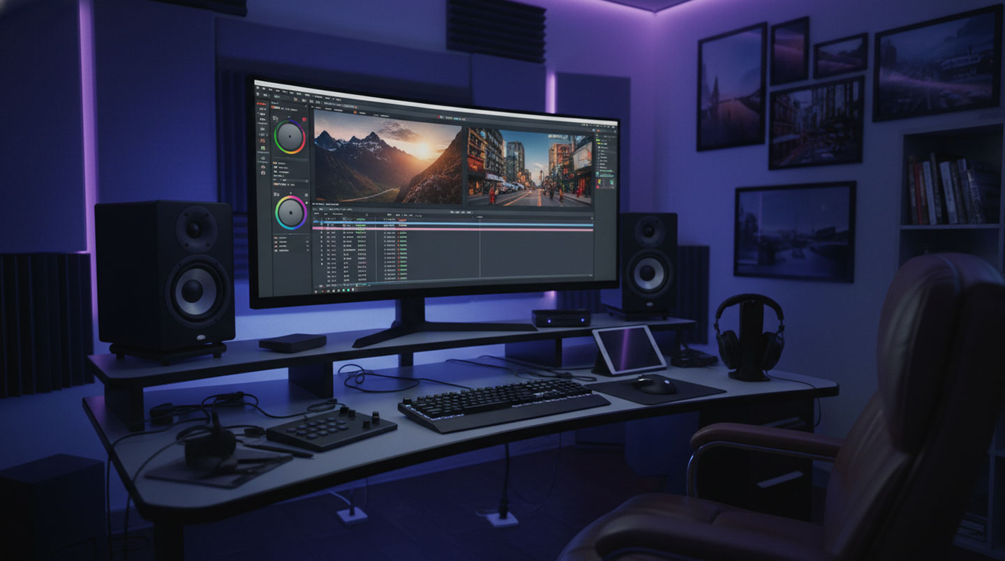 Extreme close-up of hands adjusting color settings in a video editing interface with the screen content completely blurred, shot on a clean modern desk with natural side lighting