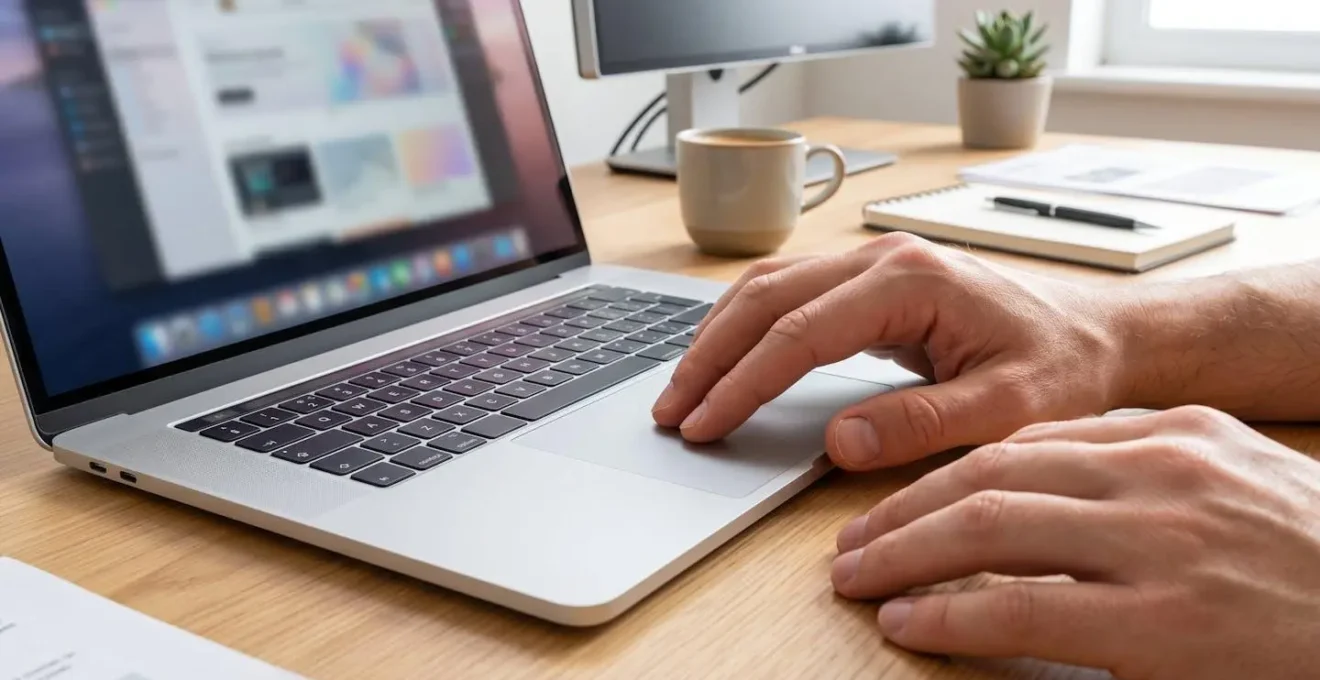 Extreme close-up of hands positioned on a modern laptop trackpad with fingers gesturing a drag motion, clean desk surface with deep focus creating sharp background detail