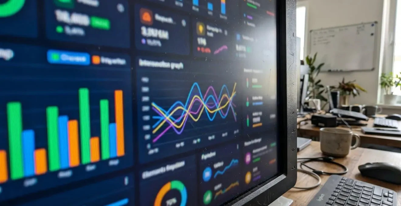 Extreme close-up of a computer monitor displaying multiple colourful data charts including bar graphs and line charts with shallow depth of field