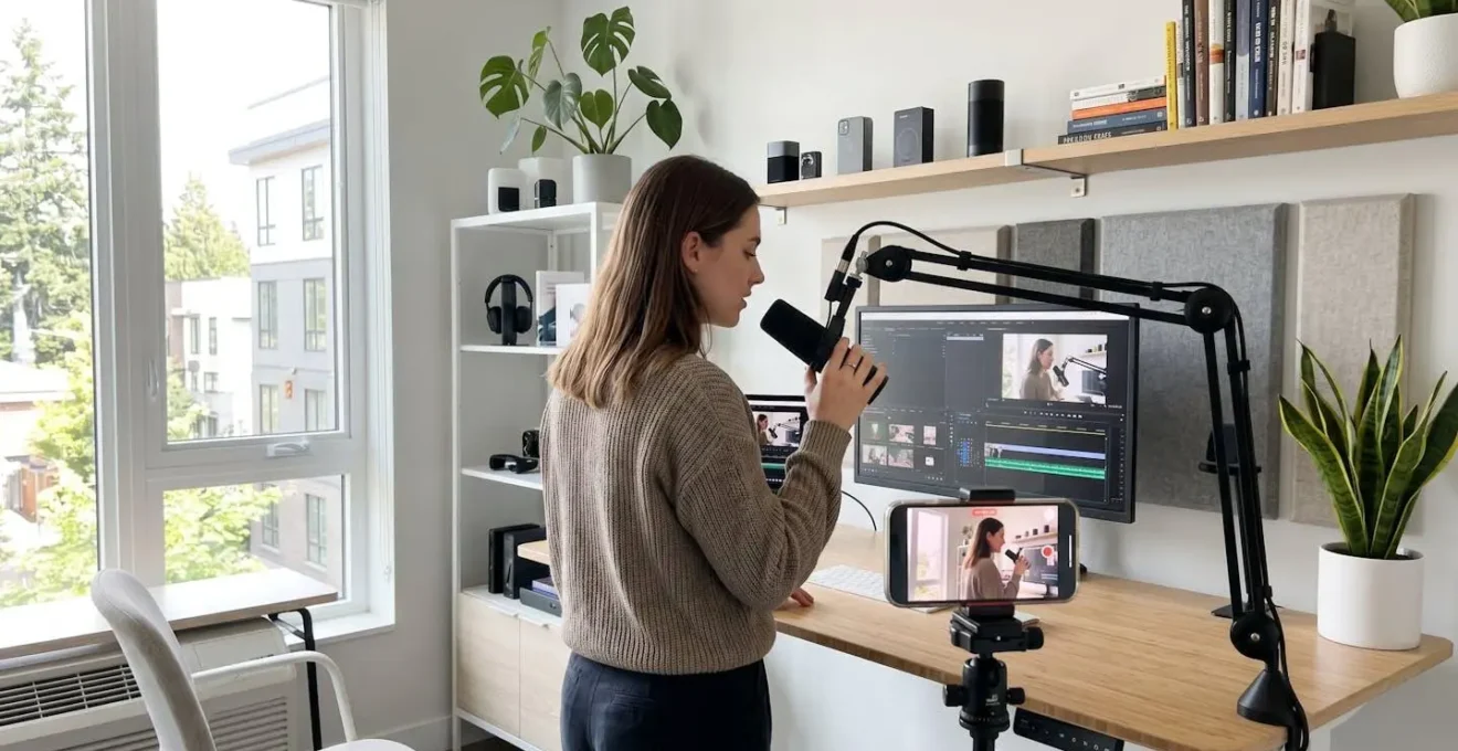 Content creator recording video with professional microphone in bright home studio workspace, viewed from profile angle
