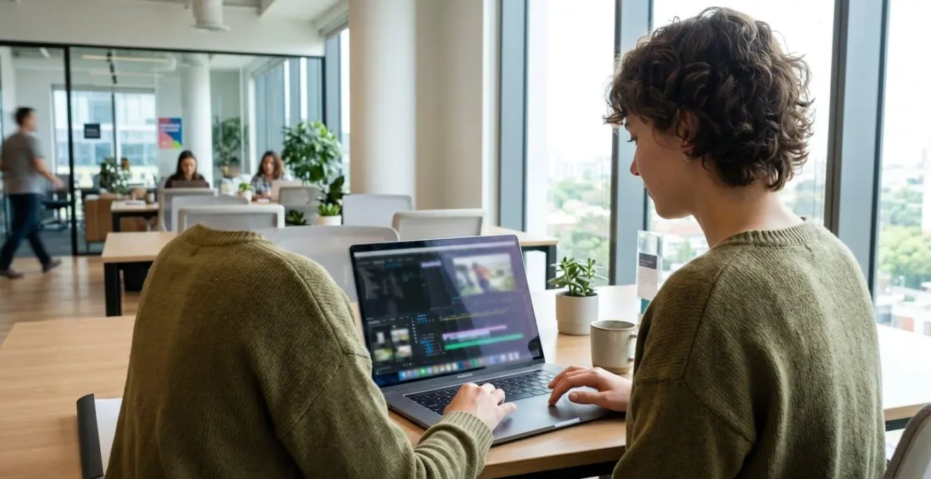 A marketing professional reviews a video editing timeline on a laptop in a bright, modern office space