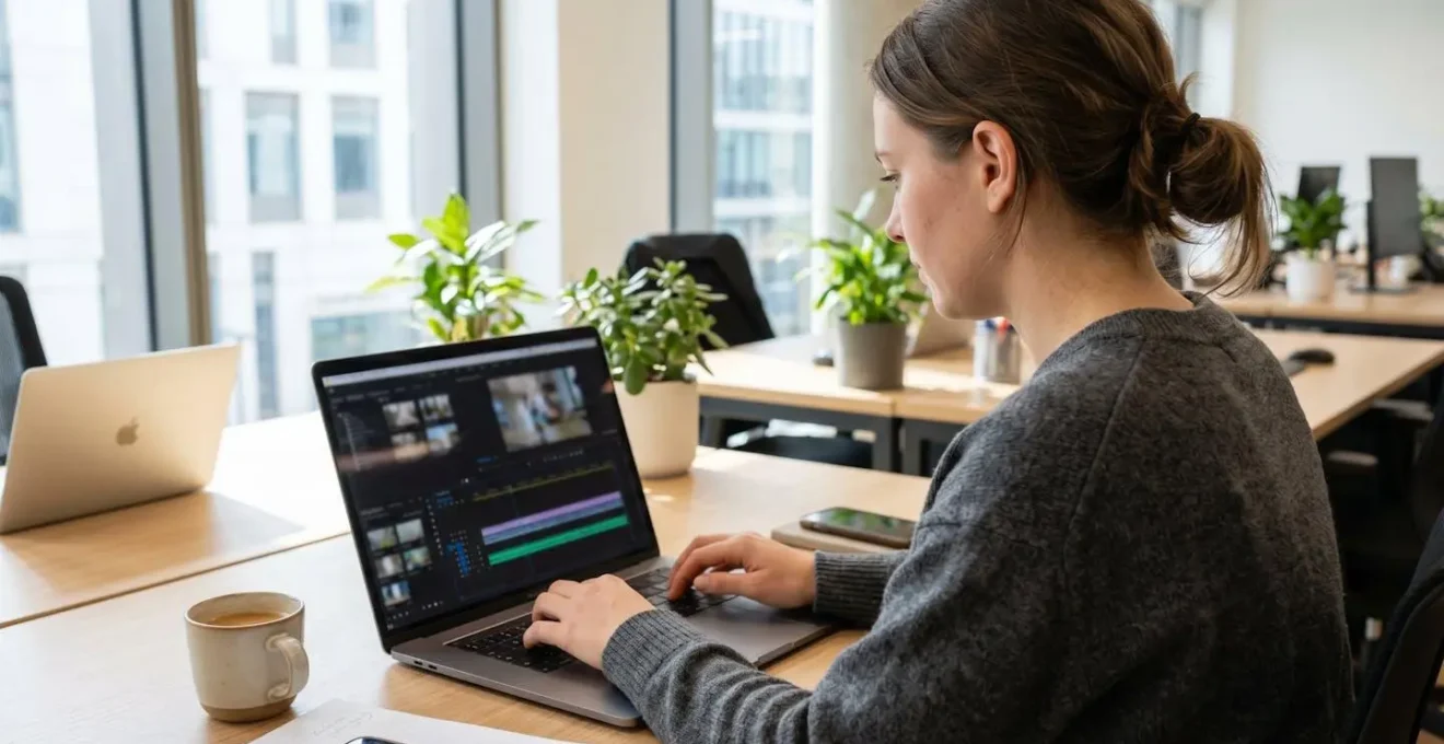 A marketing professional reviews a video editing timeline on a laptop in a bright, modern office space