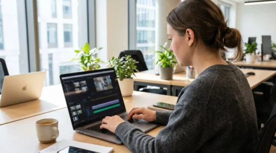 A marketing professional reviews a video editing timeline on a laptop in a bright, modern office space