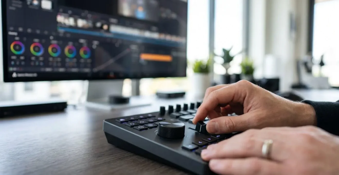Extreme close-up of hands adjusting color settings in a video editing interface with the screen content completely blurred, shot on a clean modern desk with natural side lighting