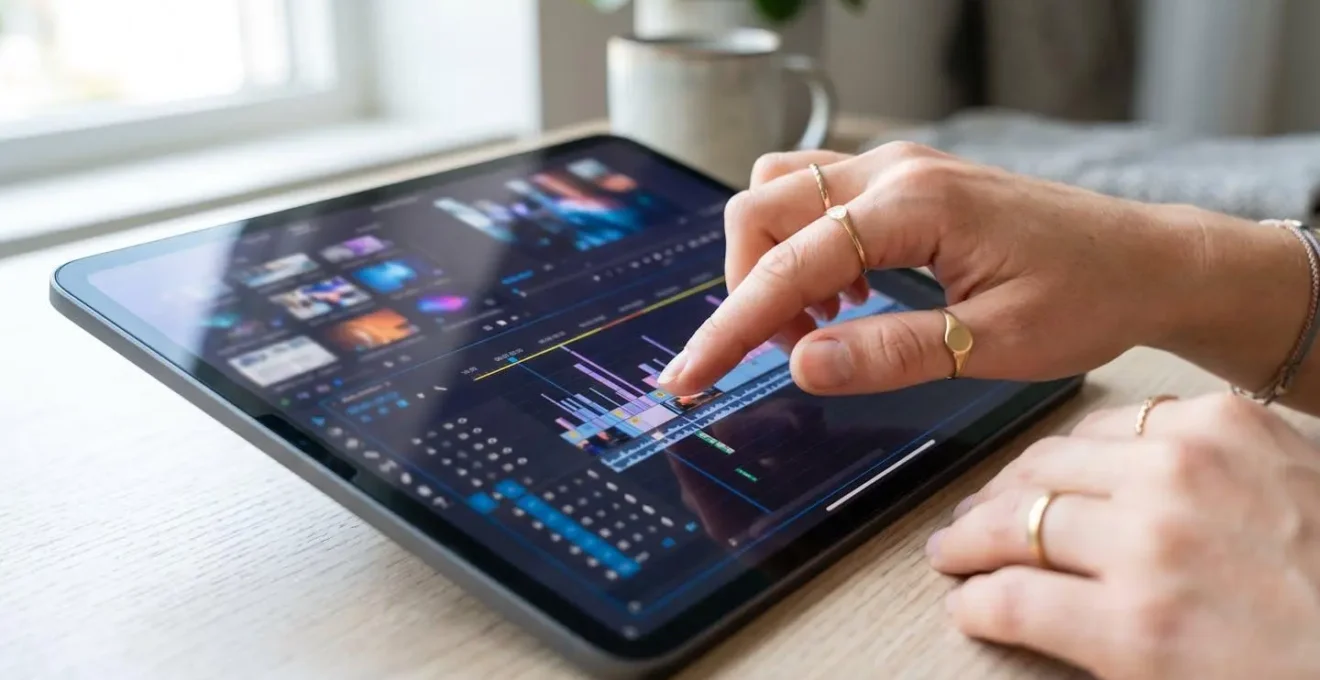 Close-up of hands using precise finger gestures to trim a video segment on a tablet touchscreen interface