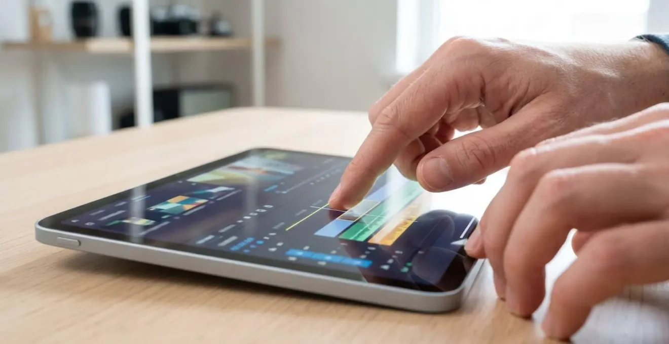 Close-up of hands using precise finger gestures to trim a video segment on a tablet touchscreen interface