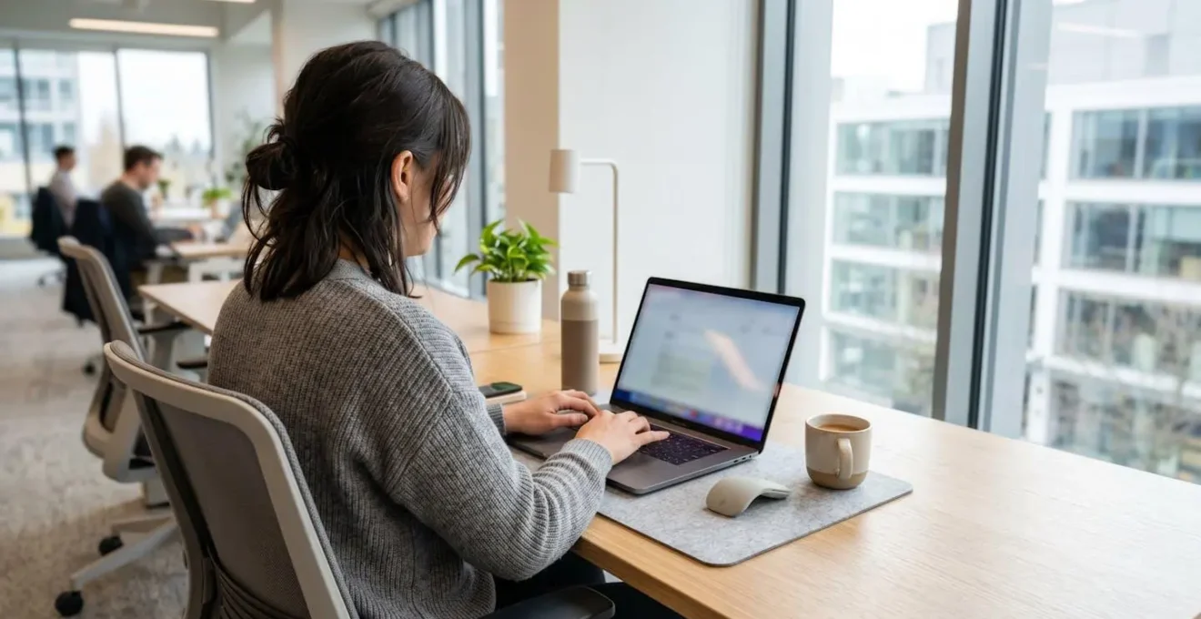 Marketing professional viewed from behind working at a laptop with hands on keyboard in a bright contemporary office workspace