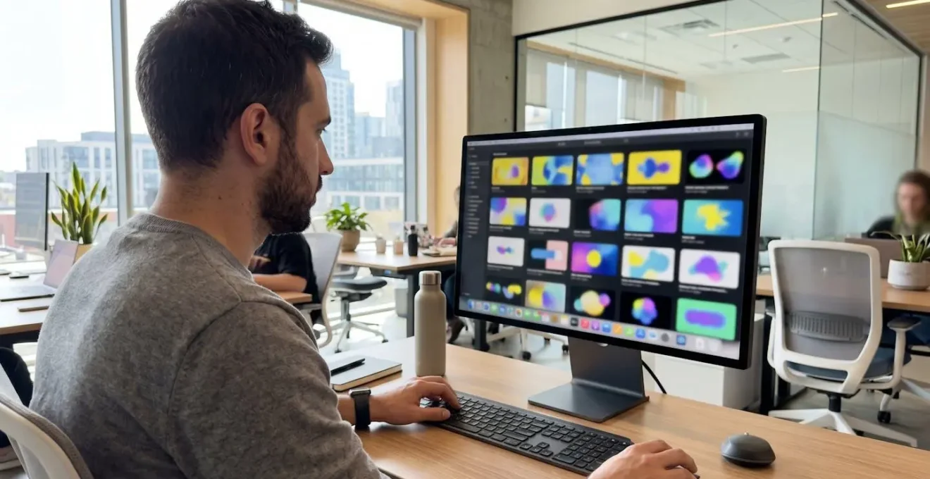 A marketing professional viewed from behind reviewing colorful video template thumbnails displayed on a large monitor in a bright contemporary office