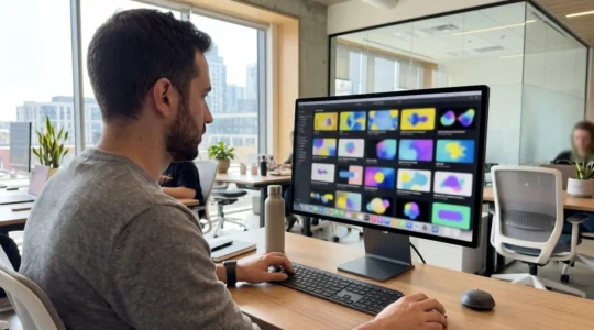 A marketing professional viewed from behind reviewing colorful video template thumbnails displayed on a large monitor in a bright contemporary office