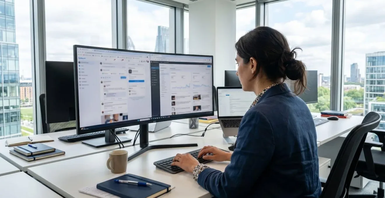 Back view of a marketing professional seated at a desk working on video content, large monitor displaying multiple browser tabs with social media platforms visible, contemporary office setting