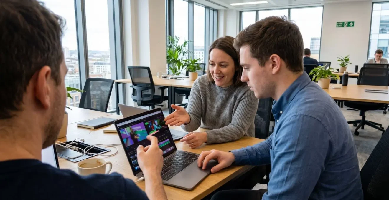 Two marketing professionals collaborating over a laptop in a bright contemporary office, reviewing video content together