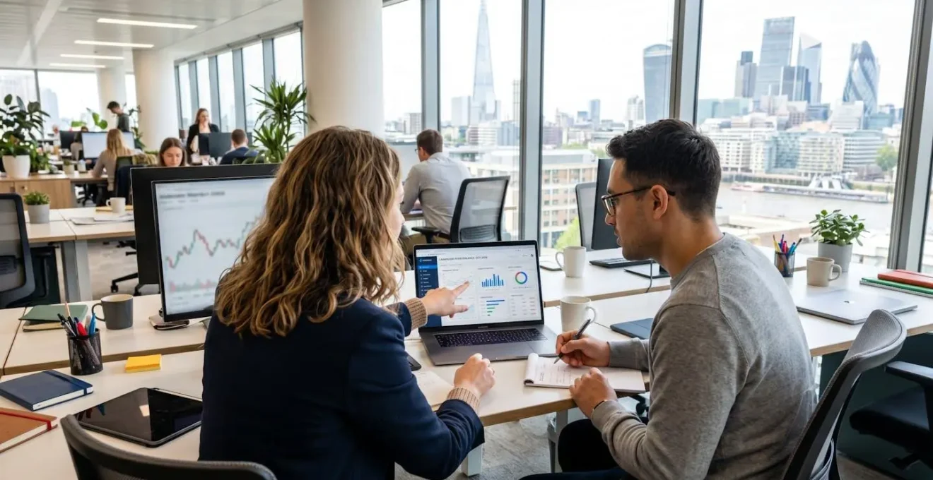 Two marketing professionals collaborating at a modern desk in a bright London office, one gesturing toward a laptop screen during a content review session