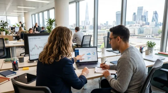 Two marketing professionals collaborating at a modern desk in a bright London office, one gesturing toward a laptop screen during a content review session