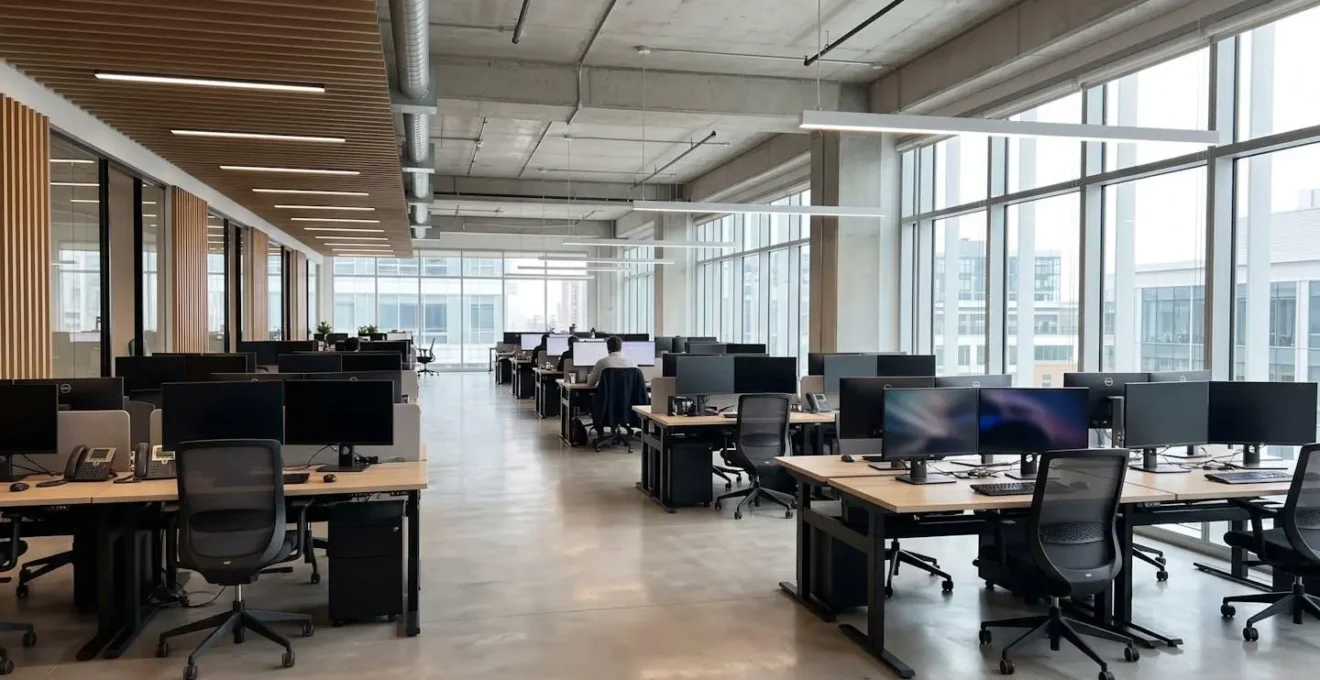 Wide angle shot of a bright contemporary collaborative office space with multiple workstations and large monitors, natural light streaming through windows, clean modern interior design