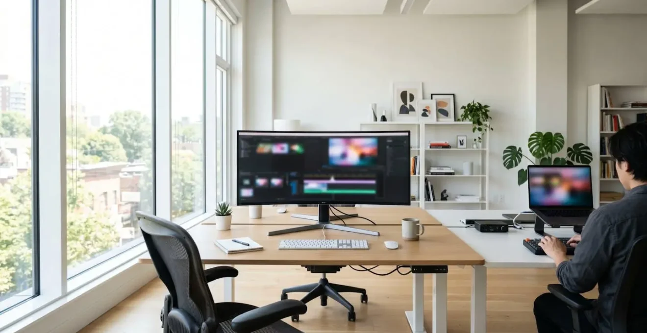 A contemporary content creator workspace with a large monitor displaying a video editing interface, natural light streaming through windows, minimal equipment on a clean desk