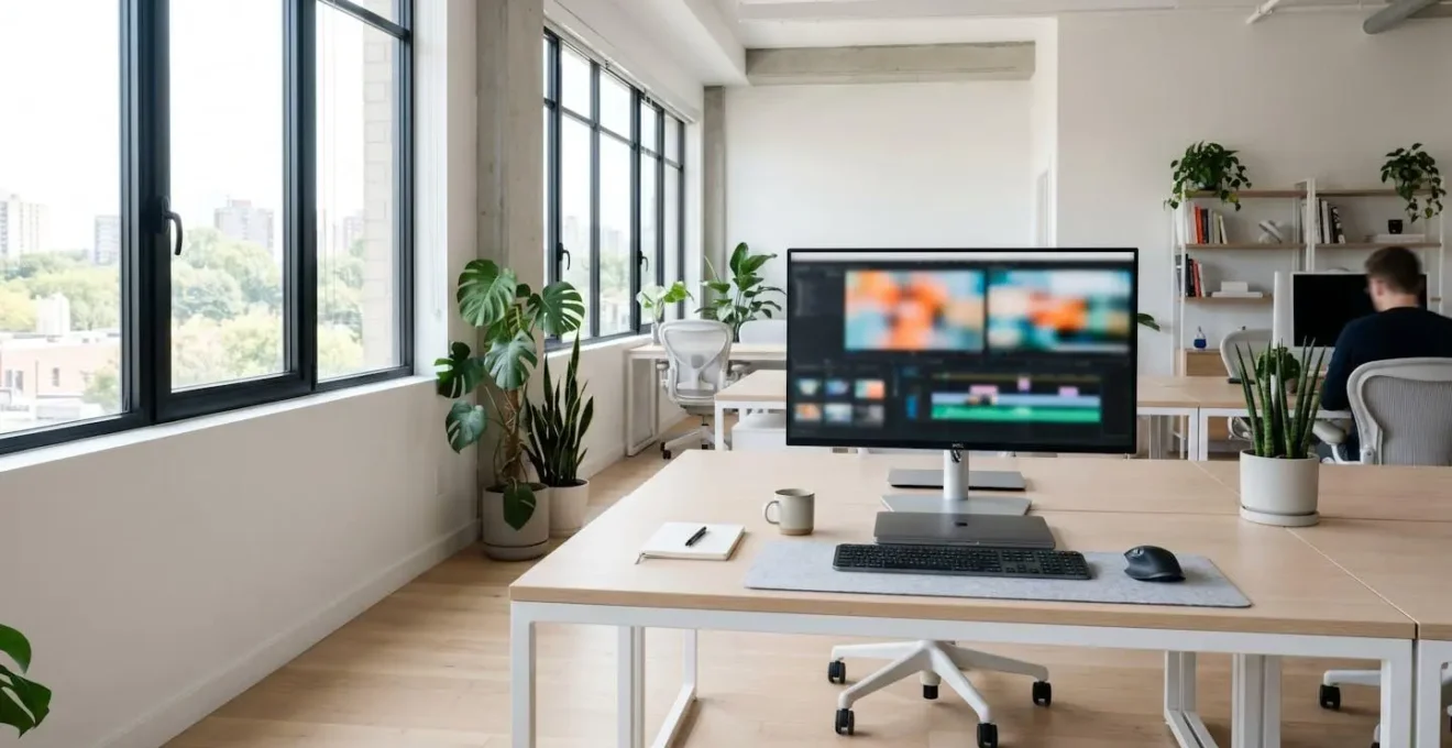 A contemporary content creator workspace with a large monitor displaying a video editing interface, natural light streaming through windows, minimal equipment on a clean desk