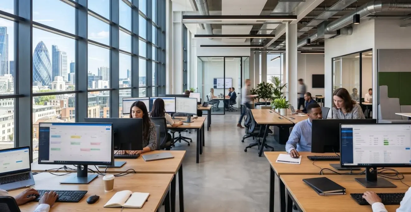 Wide angle view of a contemporary London office workspace with multiple monitors displaying content calendars and project management dashboards, natural daylight streaming through large windows