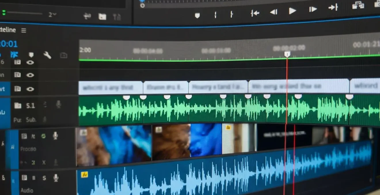 Extreme close-up of a video editing timeline interface showing subtitle track with waveform patterns and synchronisation markers